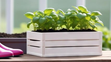 Basil seedlings in box on wooden background - 765611259