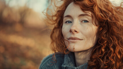 A woman with fiery red curls exudes a quiet confidence against an autumnal backdrop.