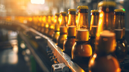Golden bottles form an assembly line ballet in a brewery's symphony of production and precision.