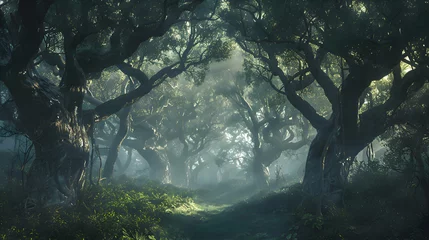 Foto op Plexiglas A mystical forest with ancient trees and misty pathways © Muhammad