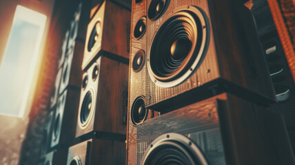 Evocative array of wall-mounted speakers commands the room with promise of powerful sound. - obrazy, fototapety, plakaty