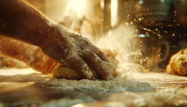 Artisan baker kneading dough on wooden surface