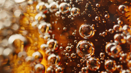 Macro shot of effervescent bubbles in amber liquid creating an abstract artwork.