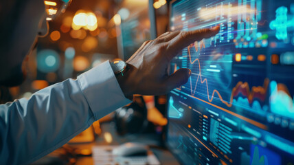 A professional delves into intricate trade analytics against a backdrop of glowing screens.