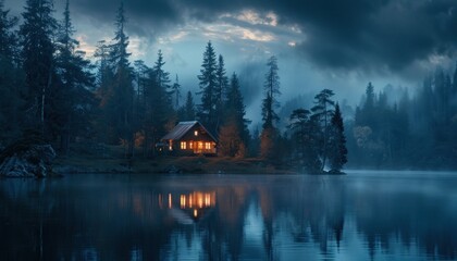 Fototapeta premium Serene lakeside cabin at twilight