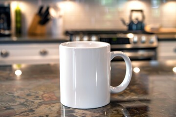 product shot of a plain white coffee mug on a kitchen countertop. ai generated