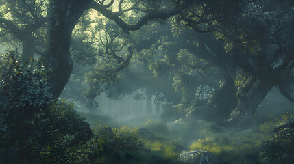 A mystical forest with ancient trees and misty pathways