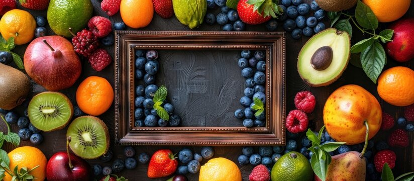 An elegant picture frame is surrounded by a colorful assortment of fruits and vegetables, creating a vibrant and lively display.