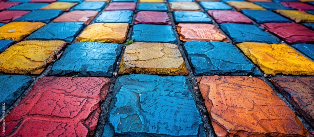 Poster detailed view of a vibrant and colorful mosaic tile design, showcasing the intricate patterns and hu