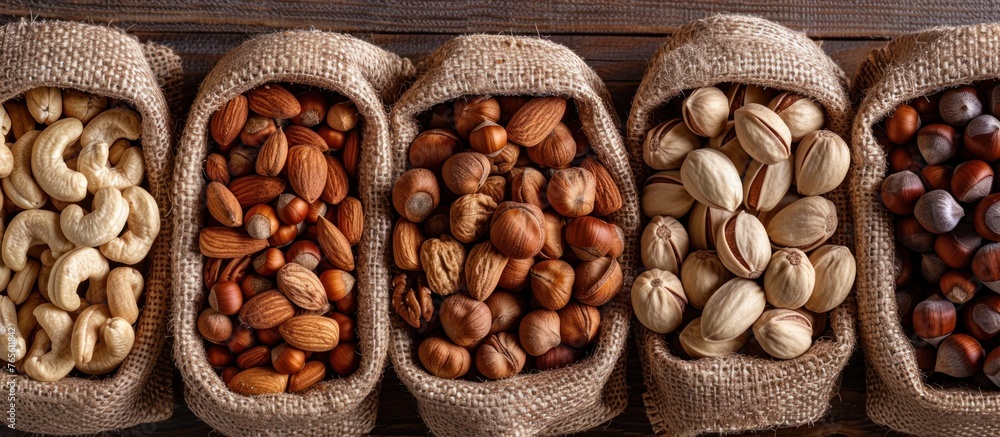 Aufkleber a row of bags filled with various types of nuts lined up on a soft textured fabric surface.