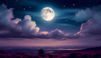 Naklejka na ściany i meble Night sky with full bright moon in the clouds