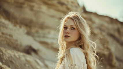 Serene young woman with flowing blonde hair standing against a sandy backdrop.