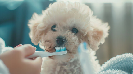 Adorable puppy experiencing its first dental care routine with a baby blue toothbrush.