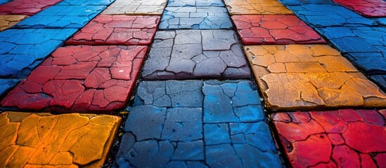 A close-up view of a colorful and vibrant tile floor, showcasing the intricate patterns and bright hues of the tiles.