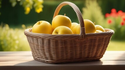 Basket with yellow ripe apples on wooden table outdoors - 765611883