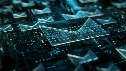 Abstract digital landscape of glowing email symbols on a futuristic circuit board.