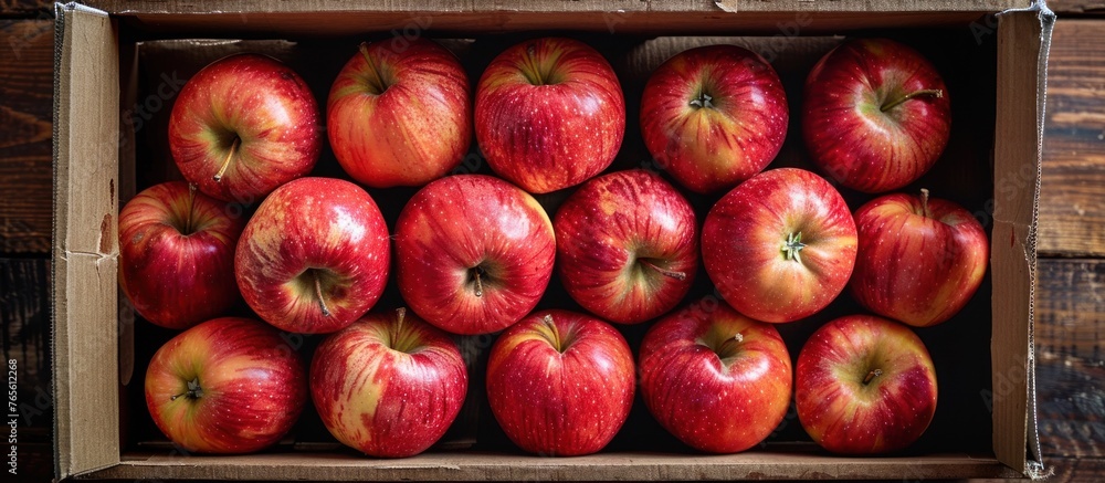 Poster a cardboard box overflowing with shiny red apples.