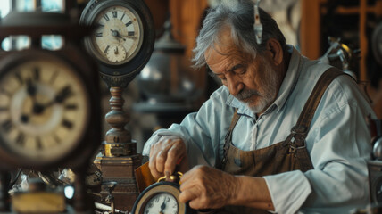An artisan clockmaker engrossed in time-honored craftsmanship. - obrazy, fototapety, plakaty
