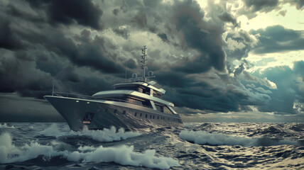 Serene yacht journey amidst tumultuous ocean waves.
