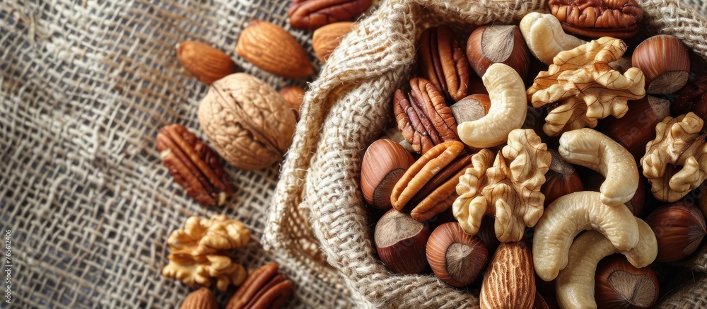 Poster a mix of various nuts and nutshells arranged in a bowl on a table with a soft textured fabric undern