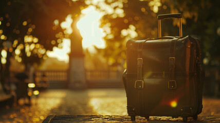 A lonely suitcase basks in golden sunrise on a quaint cobblestone street. - obrazy, fototapety, plakaty