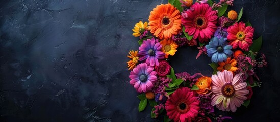 A vibrant wreath of flowers in various colors neatly arranged on a stark black background, creating a striking contrast.
