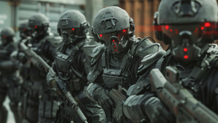 Futuristic soldiers in tactical gear moving stealthily through an urban landscape.