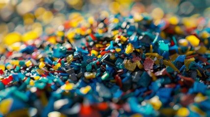 A vibrant microcosm of color: close-up of a pile of tiny, multi-colored plastic bits. - obrazy, fototapety, plakaty