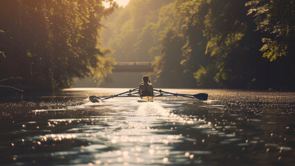 Solitary rower glides through misty golden waters at dawn, embracing tranquil solitude.