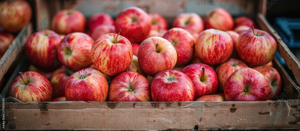 Poster a box overflowing with bright red apples stacked neatly together.