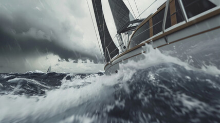 Sailboat braves tumultuous sea under stormy skies, encapsulating the essence of adventure.