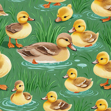 adorable heart warming Duck and ducklings seamless pattern on green background