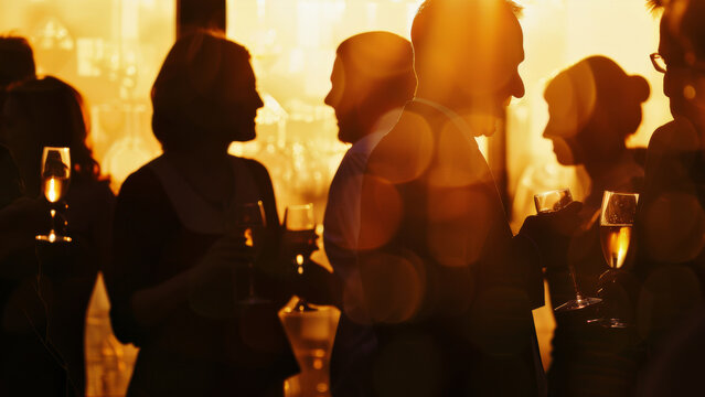 Silhouettes of people socializing at an elegant event, warm hues.