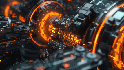 Futuristic machine core glowing with intricate mechanical complexity and energy.