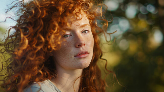 Sunlight caresses the fiery locks of a redhead, highlighting the natural beauty and texture of curly hair.