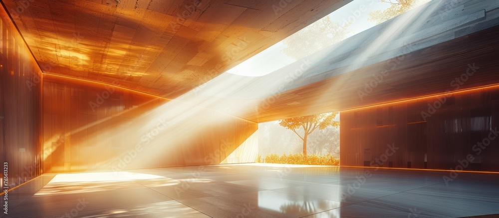 Poster sunlight streaming through windows of a building, creating bright patterns on the floor.
