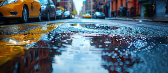 A wet city street with cars parked on the side, reflecting puddles of rainwater.