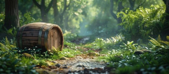 A wooden barrel is situated in the middle of a lush forest, surrounded by trees and foliage. - obrazy, fototapety, plakaty