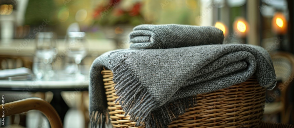 Poster a wicker basket with a neatly folded gray woolen blanket placed on top of it.