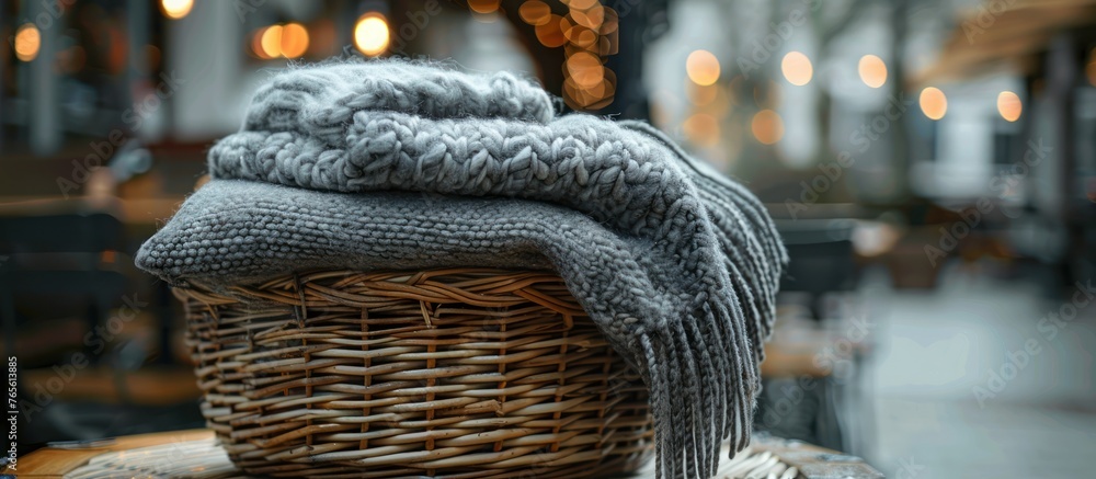 Poster a wicker basket with a neatly folded gray woolen blanket on top of it.