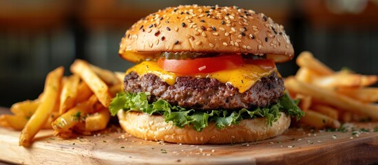 A whole wheat cheeseburger with a juicy patty, cheese, lettuce, and tomatoes paired with crispy fries on a wooden cutting board.
