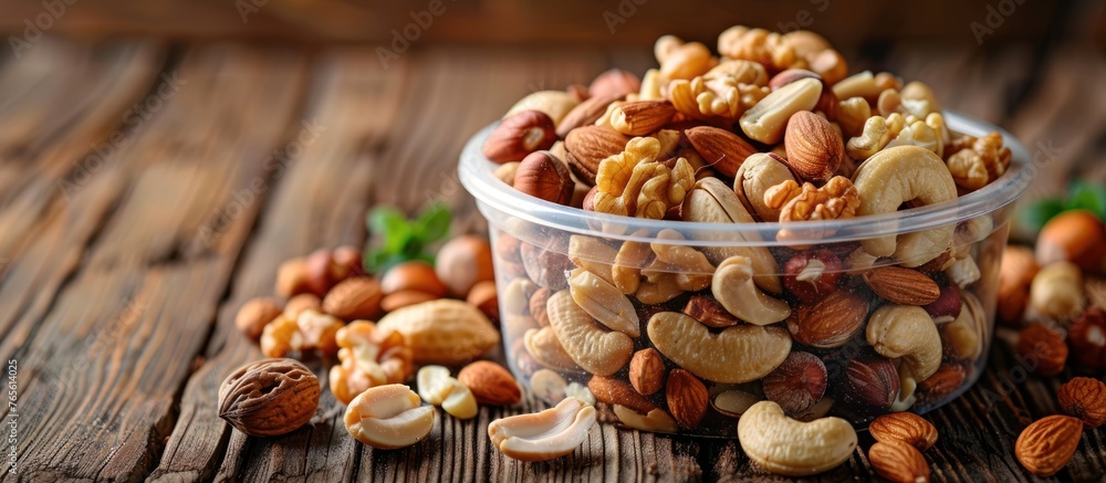 Poster a plastic container filled with assorted nuts sits on top of a wooden table. the container is brimmi