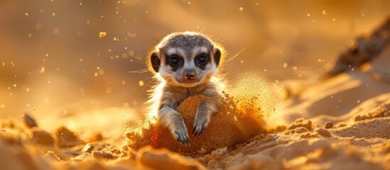 A young meerkat energetically playing in sand, showing curiosity and agility in its movements. - obrazy, fototapety, plakaty