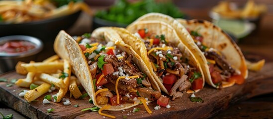 Fototapeta premium A wooden cutting board holding a variety of tacos and crispy fries.
