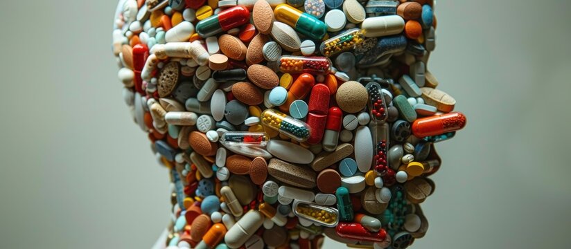 A sculpture of a mans head meticulously constructed using an array of colorful pills, creating a striking and thought-provoking image.