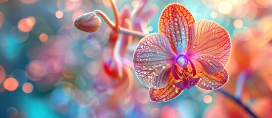 A detailed close-up of a vibrant, exotic orchid flower with glistening water droplets on its petals, showcasing the natural beauty of the plant.