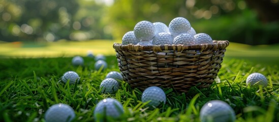 A woven basket filled with numerous golf balls placed on the grass.