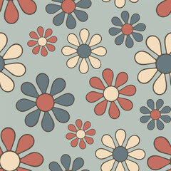 Seamless vector pattern with retro flowers on blue background. Simple vintage floral wallpaper design. Decorative baby summer fashion textile.