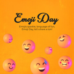 Illustration of various emojis with different expressions on an orange background. Text reads 