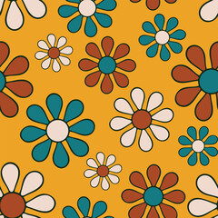 Seamless vector pattern with retro flower blooms on yellow background. Simple vintage floral wallpaper design. Decorative boho fashion textile.